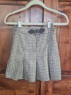 SHEIN Brown & Cream Checked Pleated Skater Mini Skirt with Faux-Leather Belt